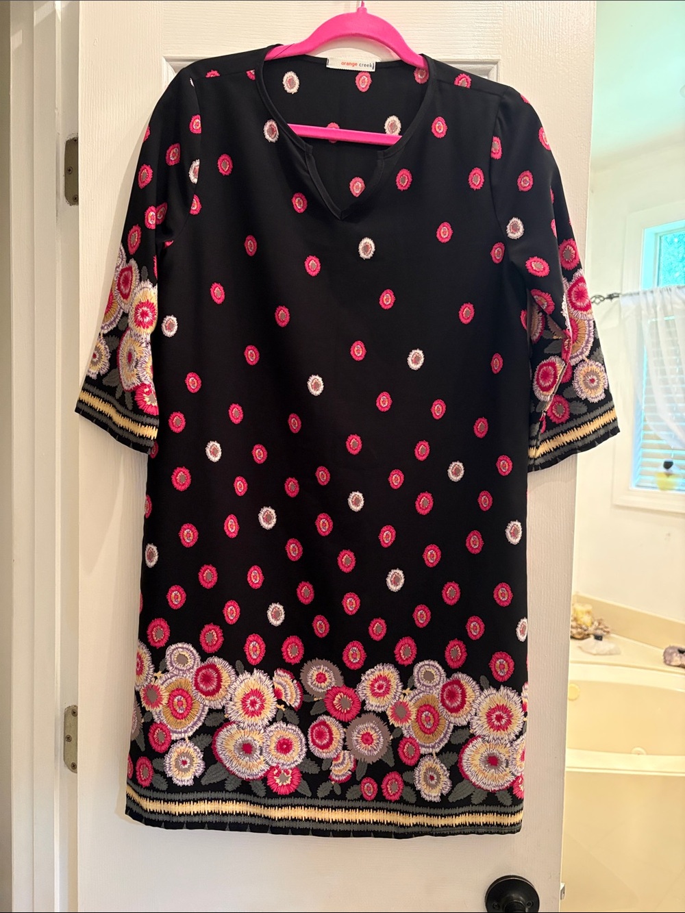 orange creek Black Mini Dress with Pink and White Floral Embroidery